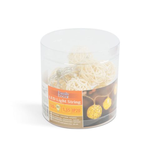 LED fényfüzér - rattan labdák - 10 LED - 1,35 m - melegfehér - 2 x AA