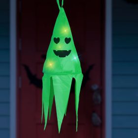   Halloween-i világító dekoráció - szellem - zöld - 10 színes LED - akasztható - 2 x 2032 - 75x20 cm