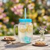 Szívószálas pohár - kék - 4 db hűthető jégkockával, 550ml,  17 x 7.5 x 13.5 cm