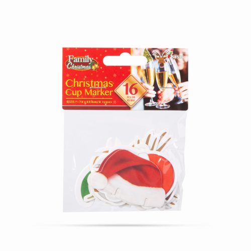 Karácsonyi pohárjelölő dekoráció - 8 féle - 16 db / csomag