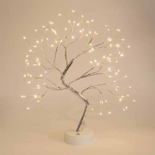 LED-es asztali fa dekoráció - melegfehér - érintőgombos, elemes, USB-s