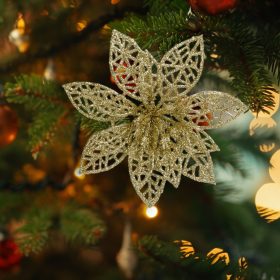   Karácsonyi dísz - csipeszes - glitteres virág - arany - 3 db / csomag