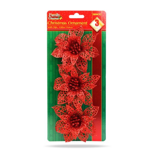 Karácsonyi dísz - csipeszes - glitteres virág - piros - 3 db / csomag
