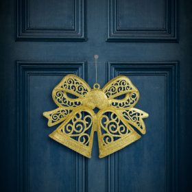   Karácsonyi dekoráció - masni - akasztható - glitteres arany - 35 cm