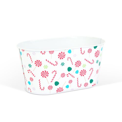 Karácsonyi fém kosár - cukorbot mintás - 19 x 11,5 x 9,5 cm