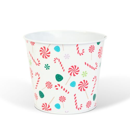 Karácsonyi dekoráció - fém kaspó, vödör - cukorbot - 13 x 11 cm