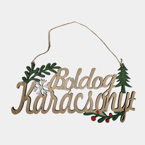 Karácsonyi ajtódísz fából akasztóval "Boldog Karácsonyt" - 30 x 15 cm