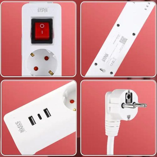 WinningStar - 3 az 1 -ben Elosztó - 3-as kapcsolós + 2 x USB + 1 x C-type - 3 m