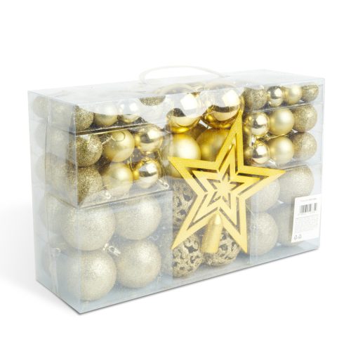 Karácsonyfadísz szett - 100 db gömb + csúcsdísz - arany