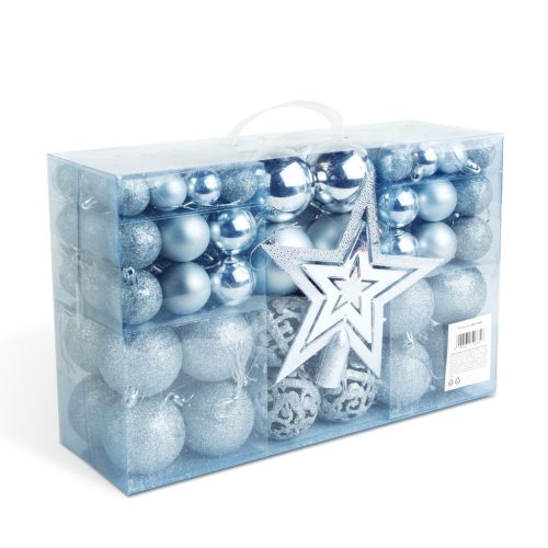 Karácsonyfadísz szett - 100 db gömb + csúcsdísz - ezüst