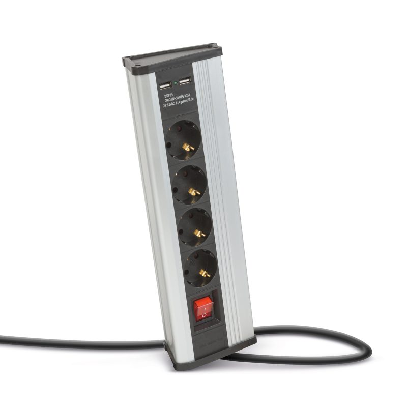 Sarokelosztó - kapcsolós - 4 x 250V, 16A - 2 x USB, 2.1A - alumínium ház