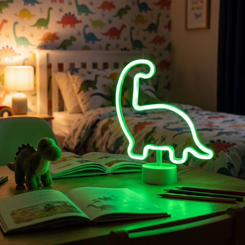 Neon LED lámpa - zöld dinoszaurusz - 3 x AA + USB - 25,9 x 8,5 x 24,3 cm