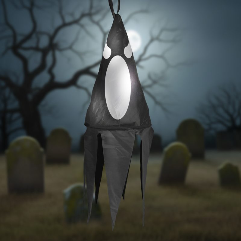 Halloween-i világító dekoráció - szellem - fekete - 10 színes LED - akasztható - 2 x 2032 - 75x20 cm