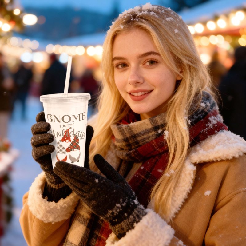 Karácsonyi pohár - szívószállal, tetővel - 473 ml - műanyag