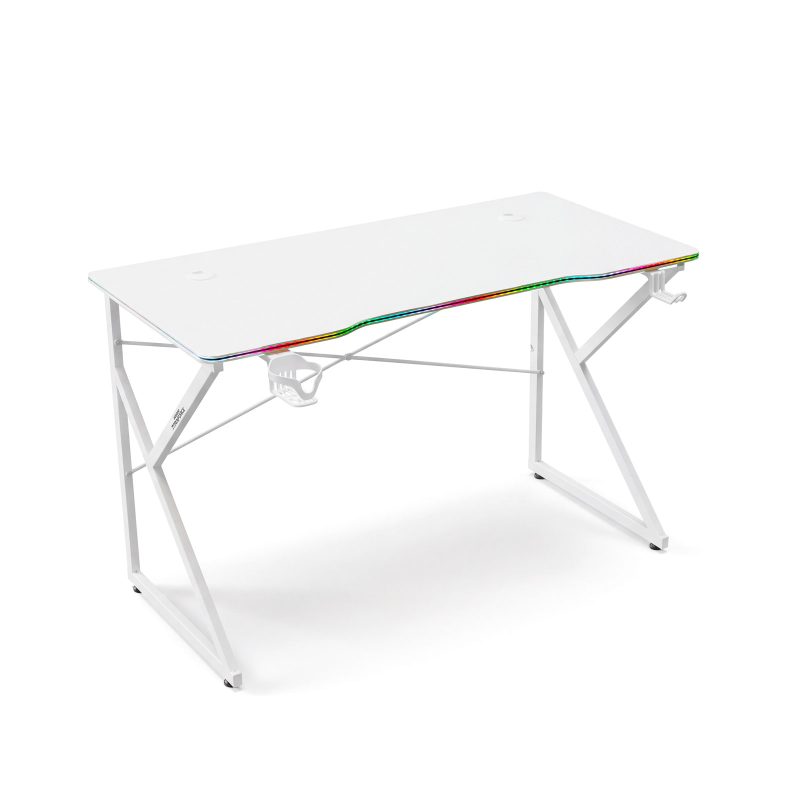 Gamer asztal - 120 x 60 x 75 cm - RGB LED, USB, pohártartó, fejhallgató tartó, 15 mm MDF - fehér