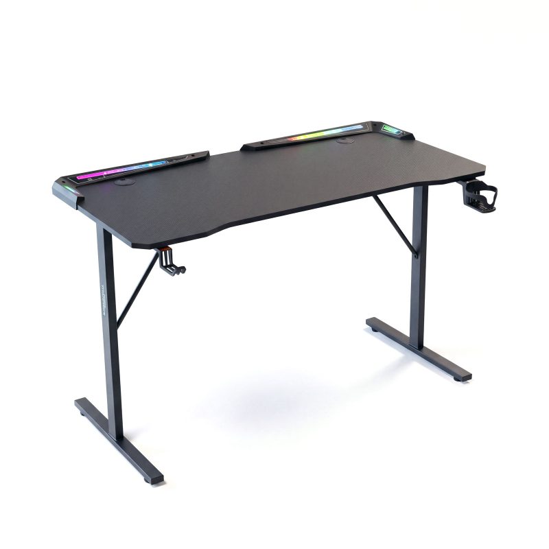 Gamer asztal - 120 x 60 x 75 cm - RGB LED, USB, pohártartó, fejhallgató tartó, szénszálas - fekete