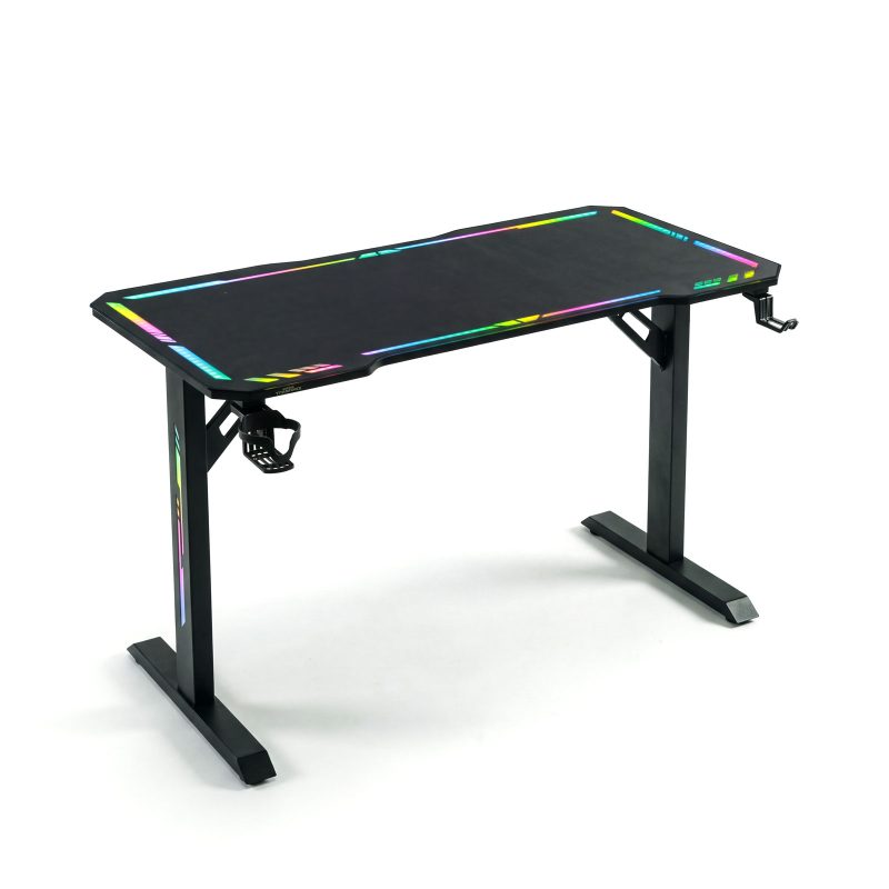 Gamer asztal - 120 x 60 x 75 cm - RGB LED, USB, pohártartó, fejhallgató tartó, 5 mm üveg - fekete