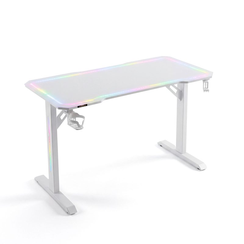 Gamer asztal - 120 x 60 x 75 cm - RGB LED, USB, pohártartó, fejhallgató tartó, 5 mm üveg - fehér