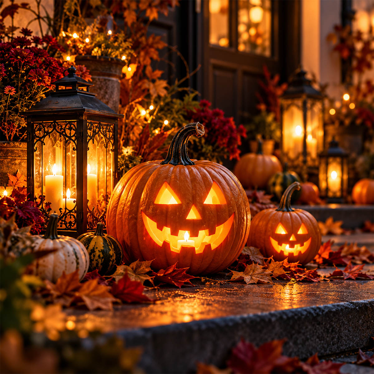 Világító Halloween tökök és lámpások